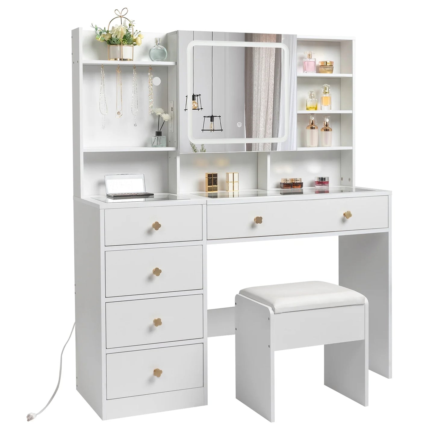 Large 47.2" Makeup Vanity with 3 Color Lights, Vanity Desk with USB Charging Station, Vanity Makeup Table with Visible Drawers, Hidden and Open Storage Shelves, White